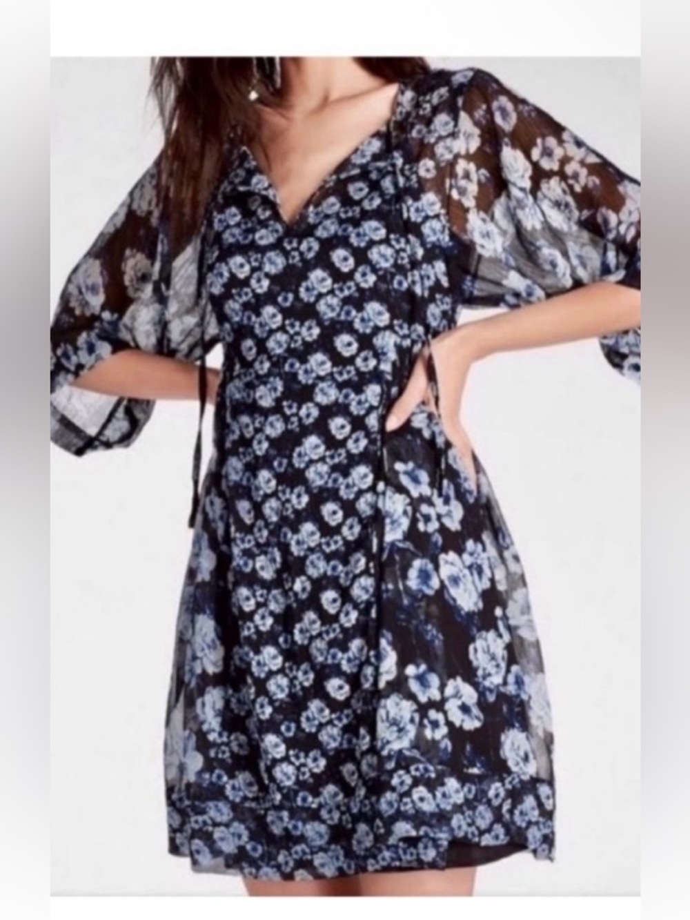 Lucky Brand dress blue black floral sheer bohemian tie neck kimono